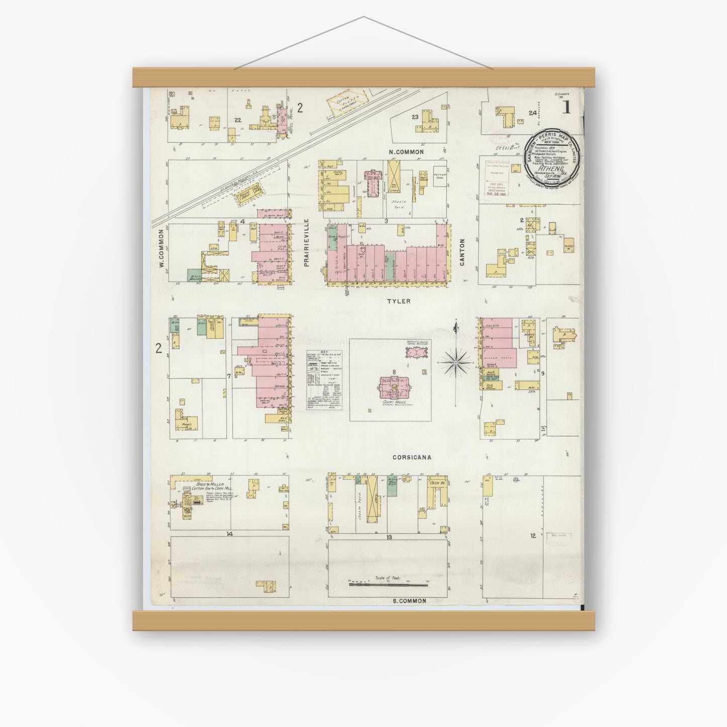 Old map wall art mockup — magnetic wood frame on white wall — Sanborn Fire Insurance Map from Athens, Henderson County, Texas (1896) - Complete Map Set