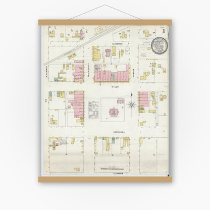 Old map wall art mockup — magnetic wood frame on white wall — Sanborn Fire Insurance Map from Athens, Henderson County, Texas (1896) - Complete Map Set