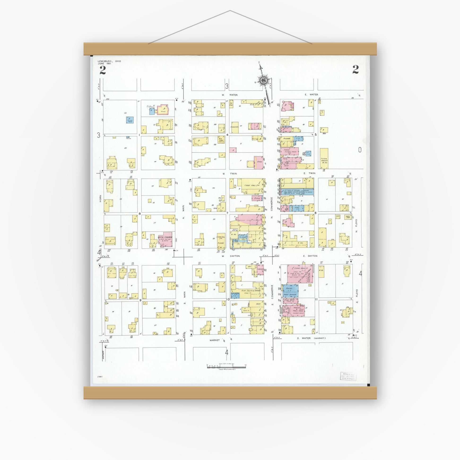 Old map wall art mockup — magnetic wood frame on white wall — Sanborn Fire Insurance Map from Lewisburg, Preble County, Ohio (1951), Sheet #0002