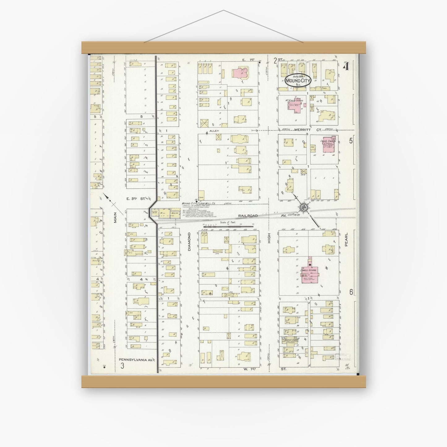 Old map wall art mockup — magnetic wood frame on white wall — Sanborn Fire Insurance Map from Mound City, Pulaski County, Illinois (1914), Sheet #0004