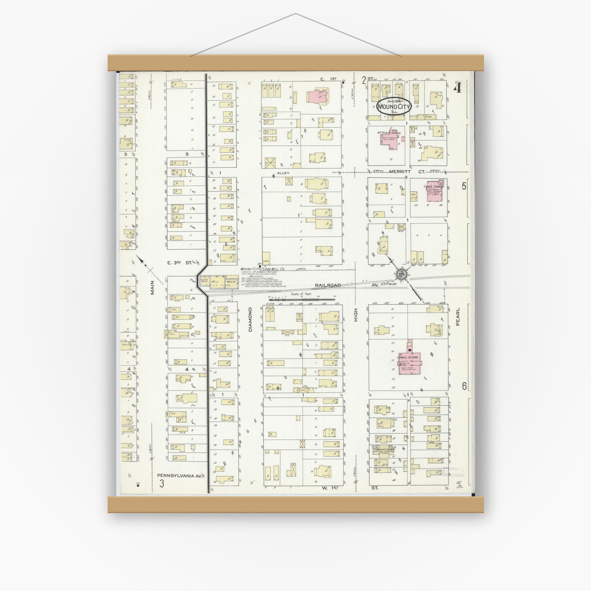 Old map wall art mockup — magnetic wood frame on white wall — Sanborn Fire Insurance Map from Mound City, Pulaski County, Illinois (1914), Sheet #0004