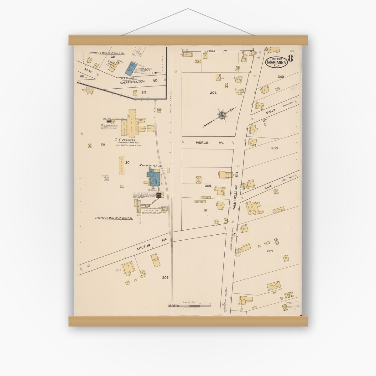 Old map wall art mockup — magnetic wood frame on white wall — Sanborn Fire Insurance Map from Marianna, Jackson County, Florida (1922), Sheet #0008