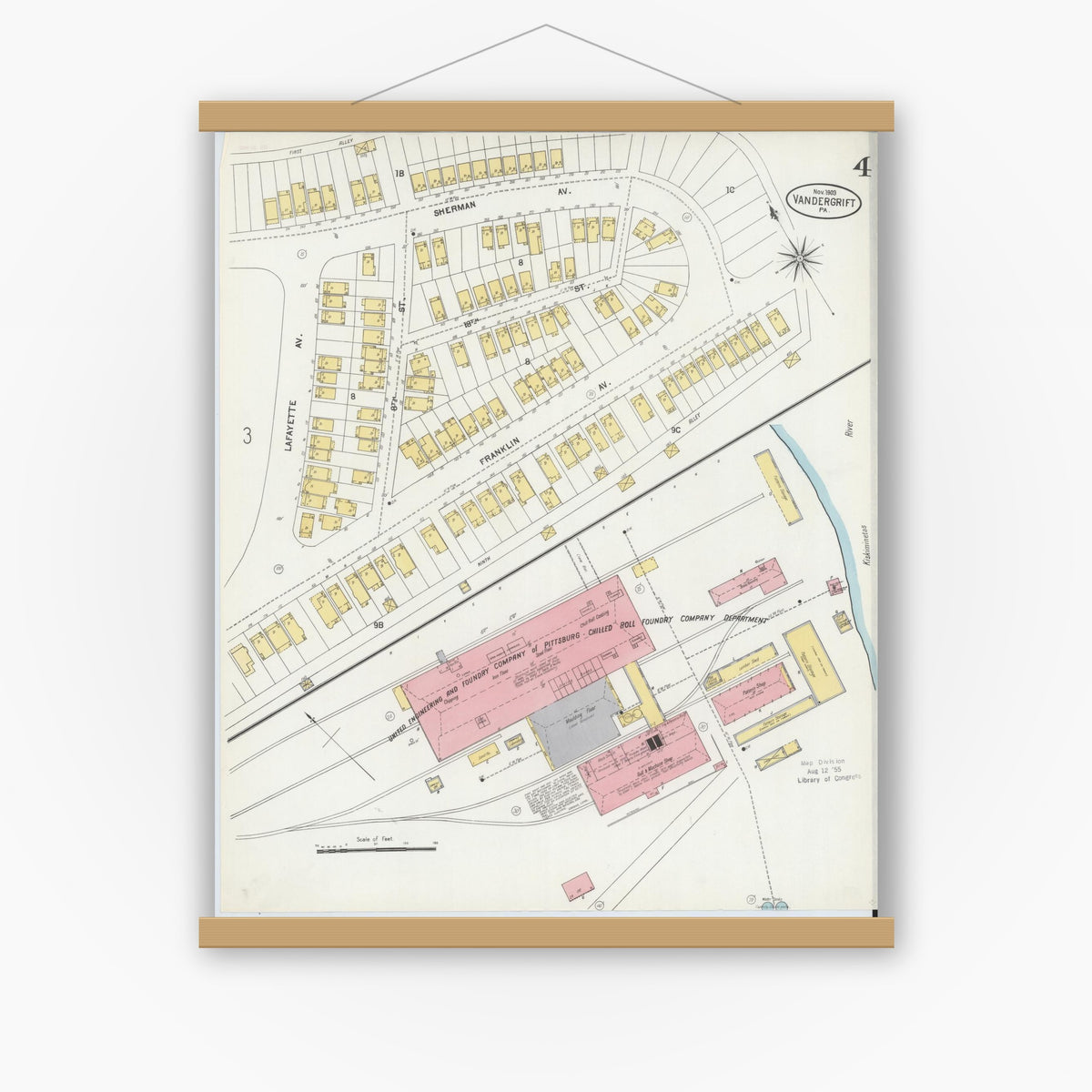 Old map wall art mockup — magnetic wood frame on white wall — Sanborn Fire Insurance Map from Vandergrift, Westmoreland County, Pennsylvania (1903), Sheet #0004