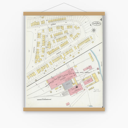 Old map wall art mockup — magnetic wood frame on white wall — Sanborn Fire Insurance Map from Vandergrift, Westmoreland County, Pennsylvania (1903), Sheet #0004