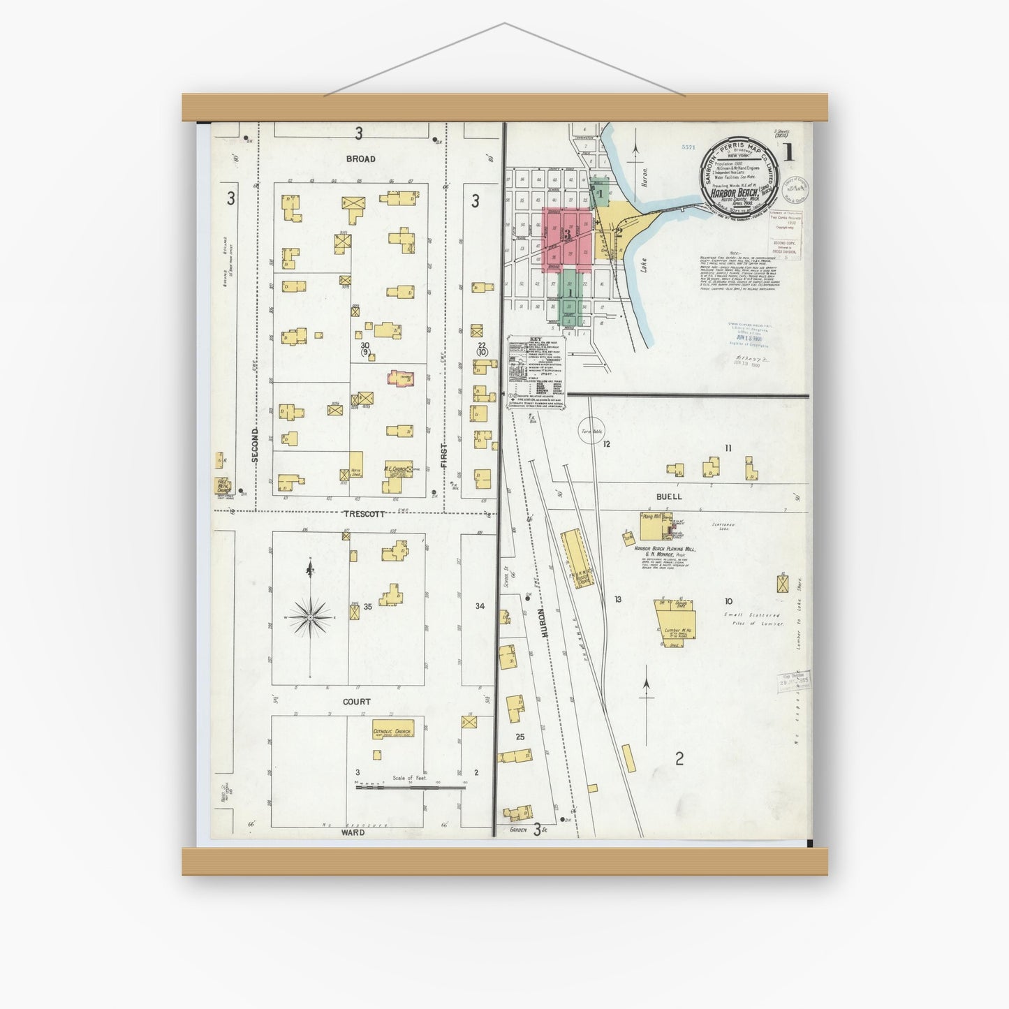 Old map wall art mockup — magnetic wood frame on white wall — Sanborn Fire Insurance Map from Harbor Beach, Huron County, Michigan (1900) - Complete Map Set