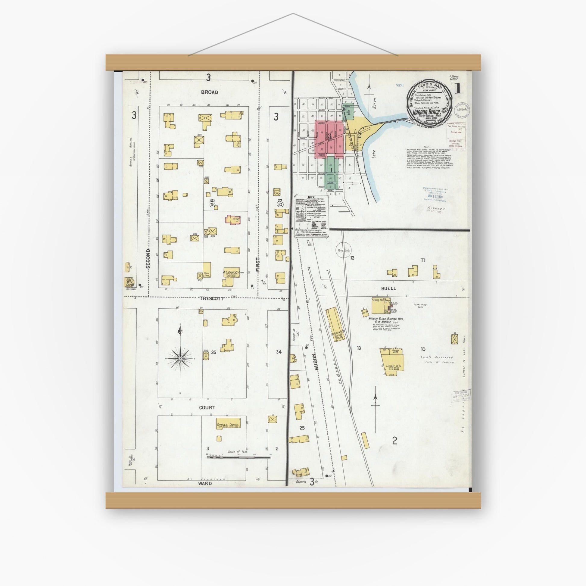 Old map wall art mockup — magnetic wood frame on white wall — Sanborn Fire Insurance Map from Harbor Beach, Huron County, Michigan (1900) - Complete Map Set