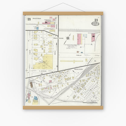 Old map wall art mockup — magnetic wood frame on white wall — Sanborn Fire Insurance Map from Fostoria, Seneca, Hancock, And Wood Counties, Ohio (1924), Sheet #0021