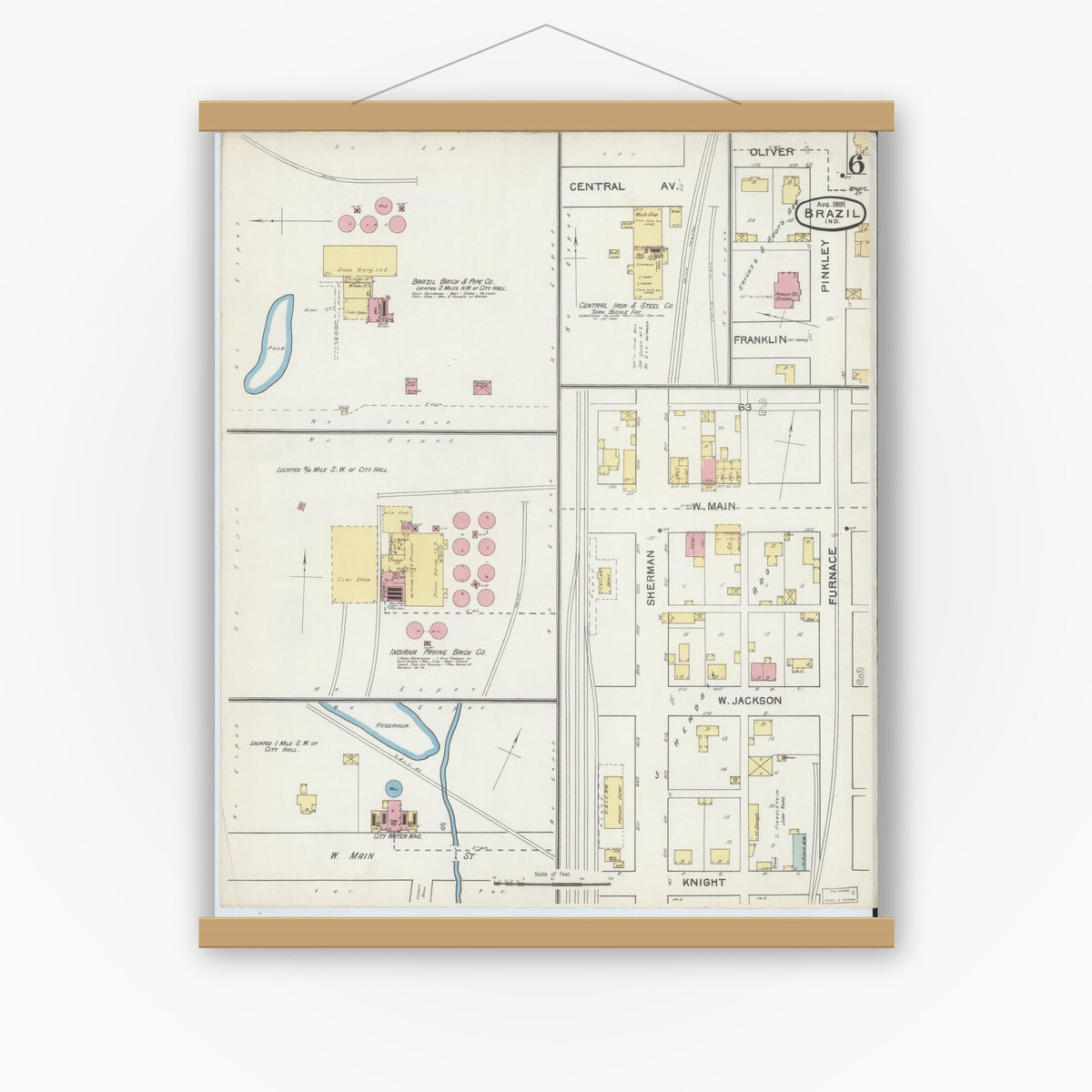 Old map wall art mockup — magnetic wood frame on white wall — Sanborn Fire Insurance Map from Brazil, Clay County, Indiana (1892), Sheet #0006
