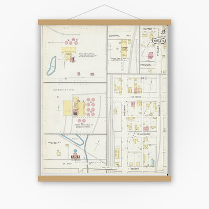 Old map wall art mockup — magnetic wood frame on white wall — Sanborn Fire Insurance Map from Brazil, Clay County, Indiana (1892), Sheet #0006