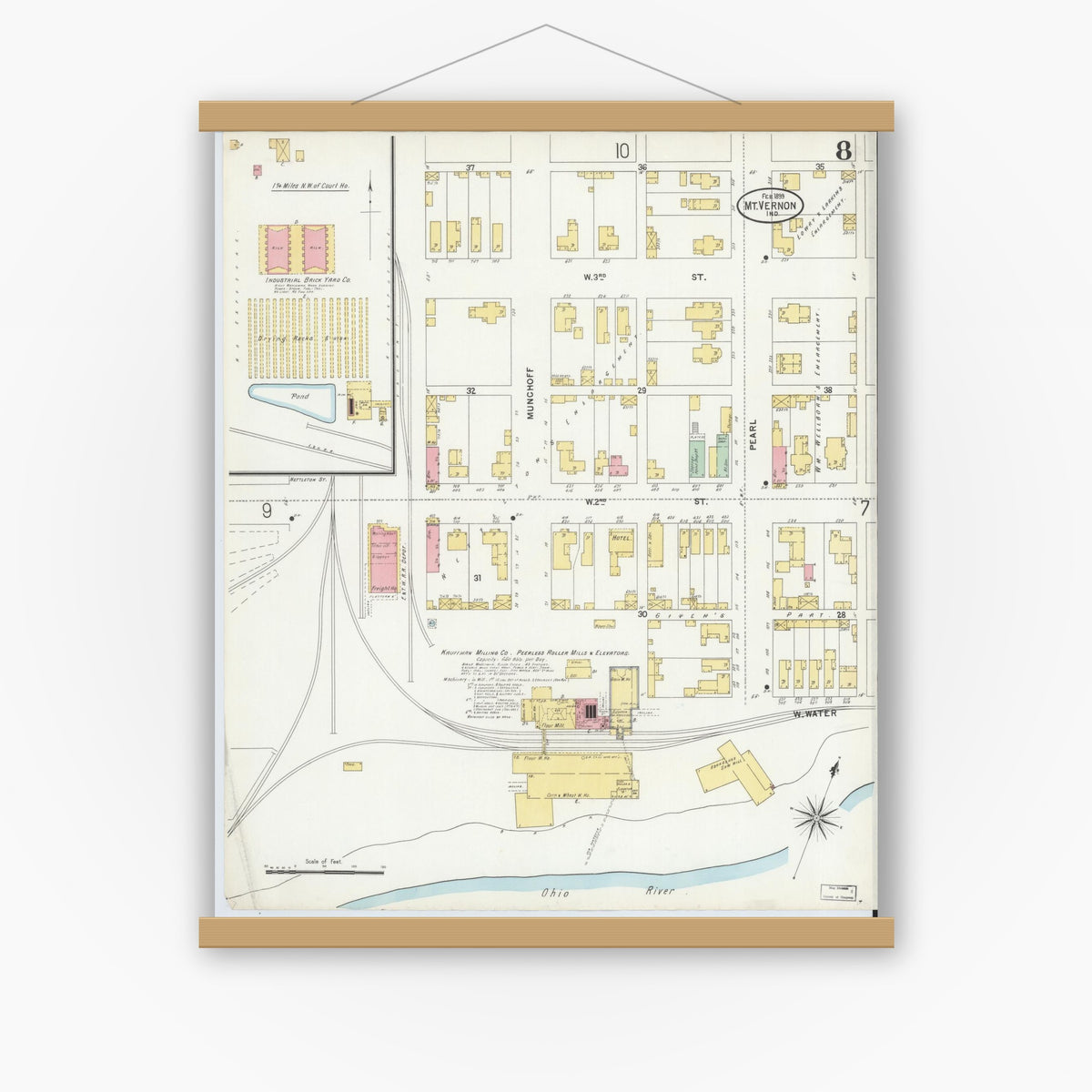 Old map wall art mockup — magnetic wood frame on white wall — Sanborn Fire Insurance Map from Mount Vernon, Posey County, Indiana (1899), Sheet #0008