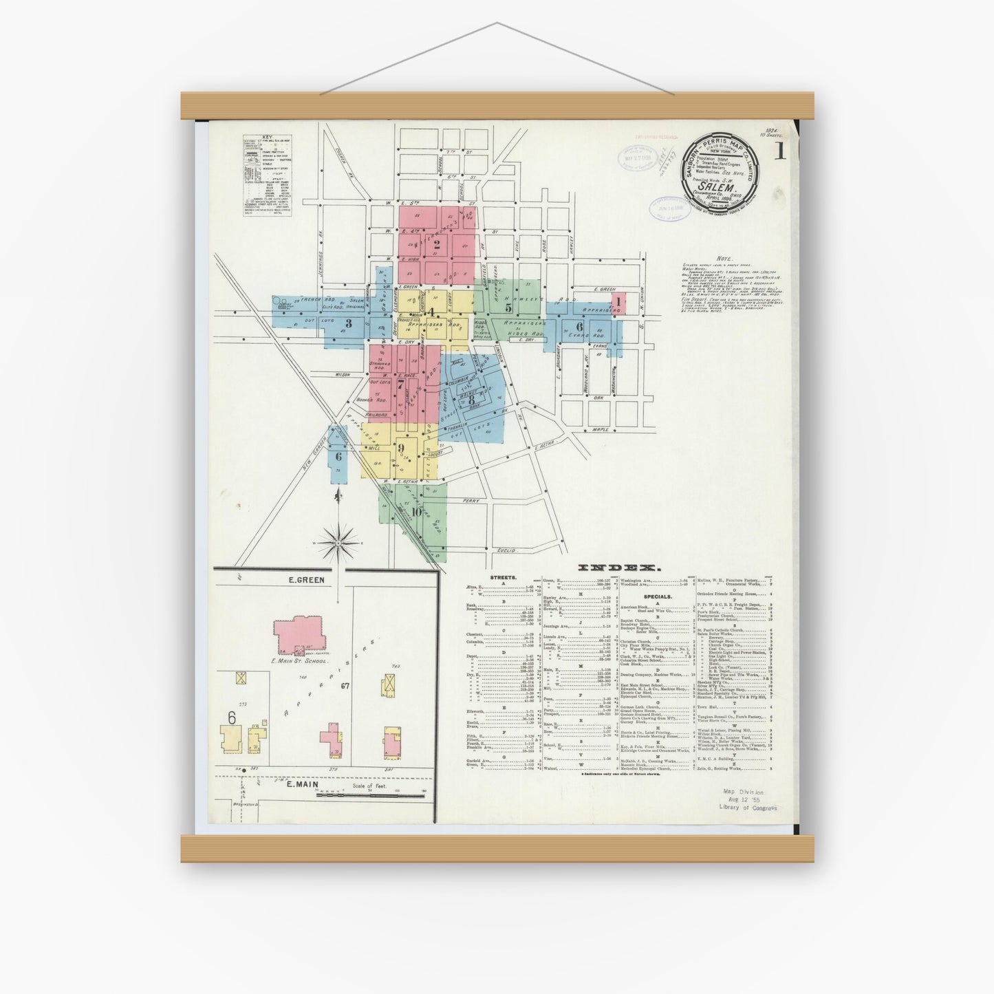 Old map wall art mockup — magnetic wood frame on white wall — Sanborn Fire Insurance Map from Salem, Columbiana County, Ohio (1898) - Complete Map Set