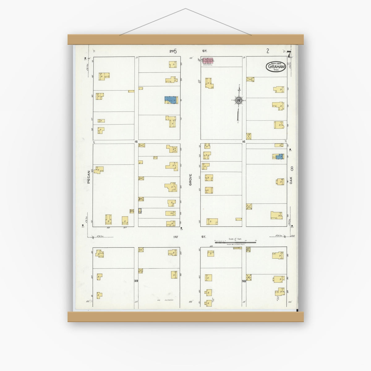 Old map wall art mockup — magnetic wood frame on white wall — Sanborn Fire Insurance Map from Graham, Young County, Texas (1920), Sheet #0007