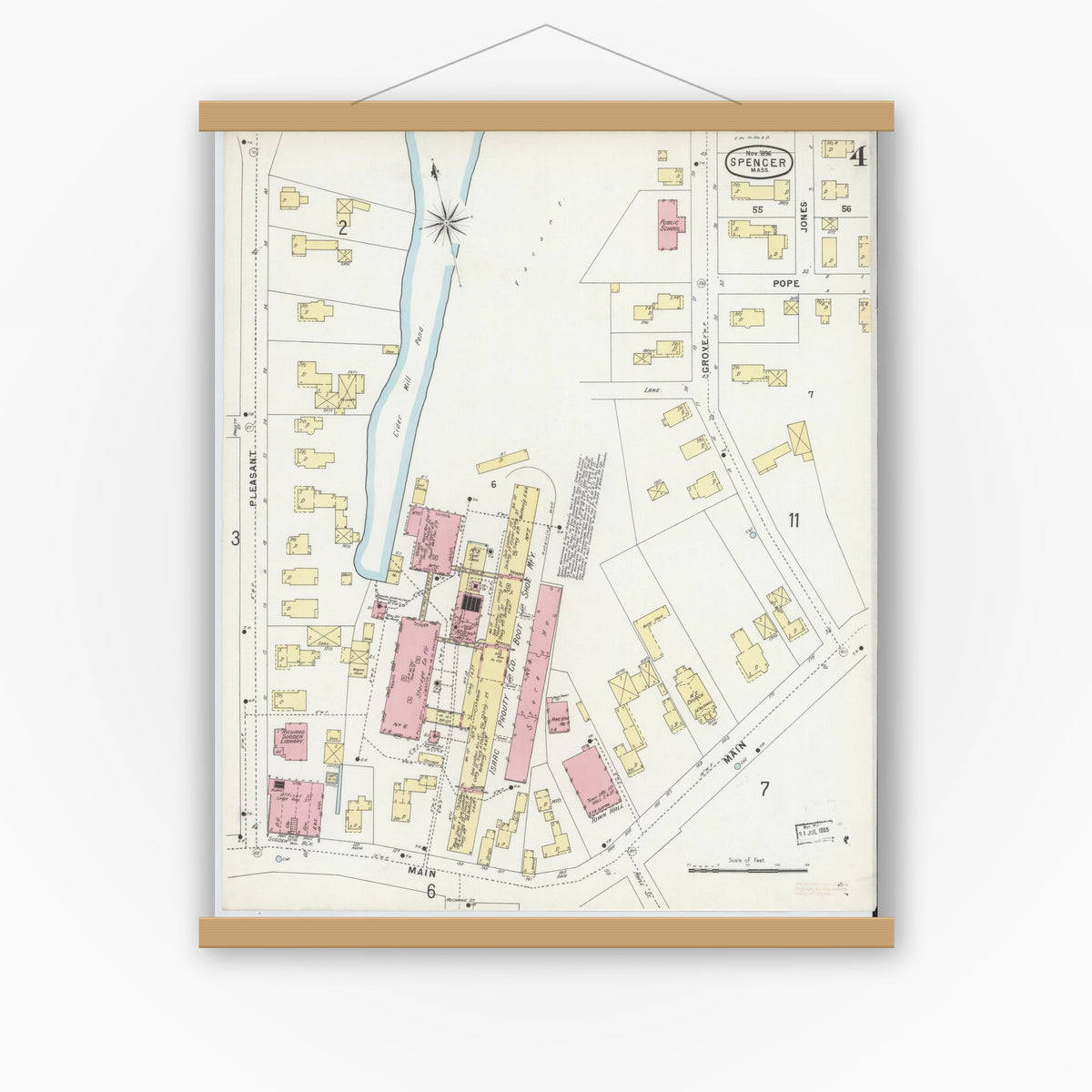 Old map wall art mockup — magnetic wood frame on white wall — Sanborn Fire Insurance Map from Spencer, Worcester County, Massachusetts (1896), Sheet #0004