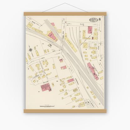 Old map wall art mockup — magnetic wood frame on white wall — Sanborn Fire Insurance Map from Greenfield, Franklin County, Massachusetts (1922), Sheet #0008