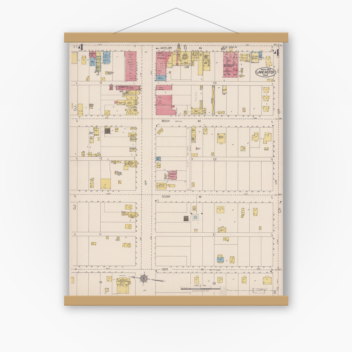Old map wall art mockup — magnetic wood frame on white wall — Sanborn Fire Insurance Map from Lancaster, Los Angeles County, California (1923), Sheet #0004
