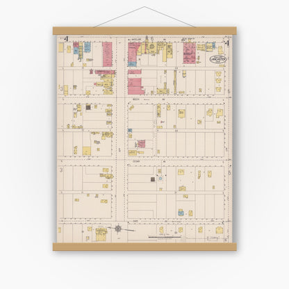 Old map wall art mockup — magnetic wood frame on white wall — Sanborn Fire Insurance Map from Lancaster, Los Angeles County, California (1923), Sheet #0004