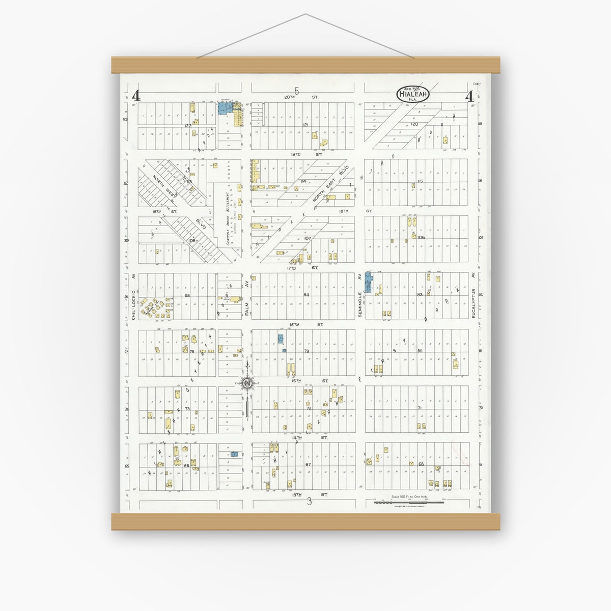 Old map wall art mockup — magnetic wood frame on white wall — Sanborn Fire Insurance Map from Hialeah, Dade County, Florida (1926), Sheet #0004