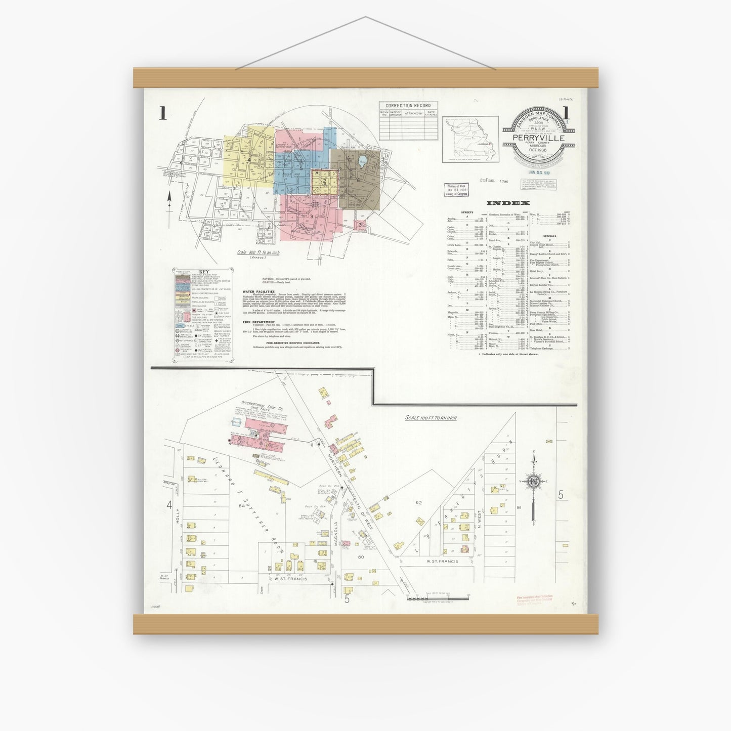 Old map wall art mockup — magnetic wood frame on white wall — Sanborn Fire Insurance Map from Perryville, Perry County, Missouri (1938), Sheet #0001