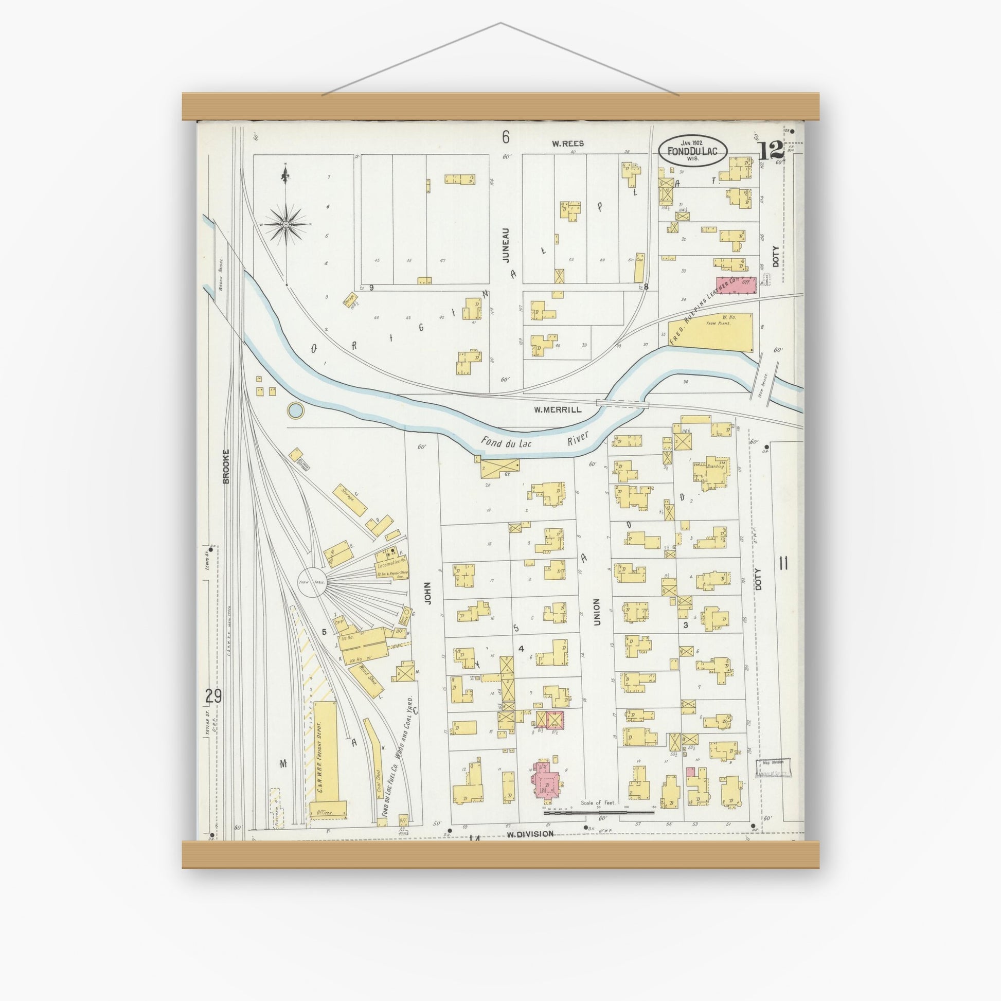Old map wall art mockup — magnetic wood frame on white wall — Sanborn Fire Insurance Map from Fond du Lac, Fond du Lac County, Wisconsin (1902), Sheet #0012