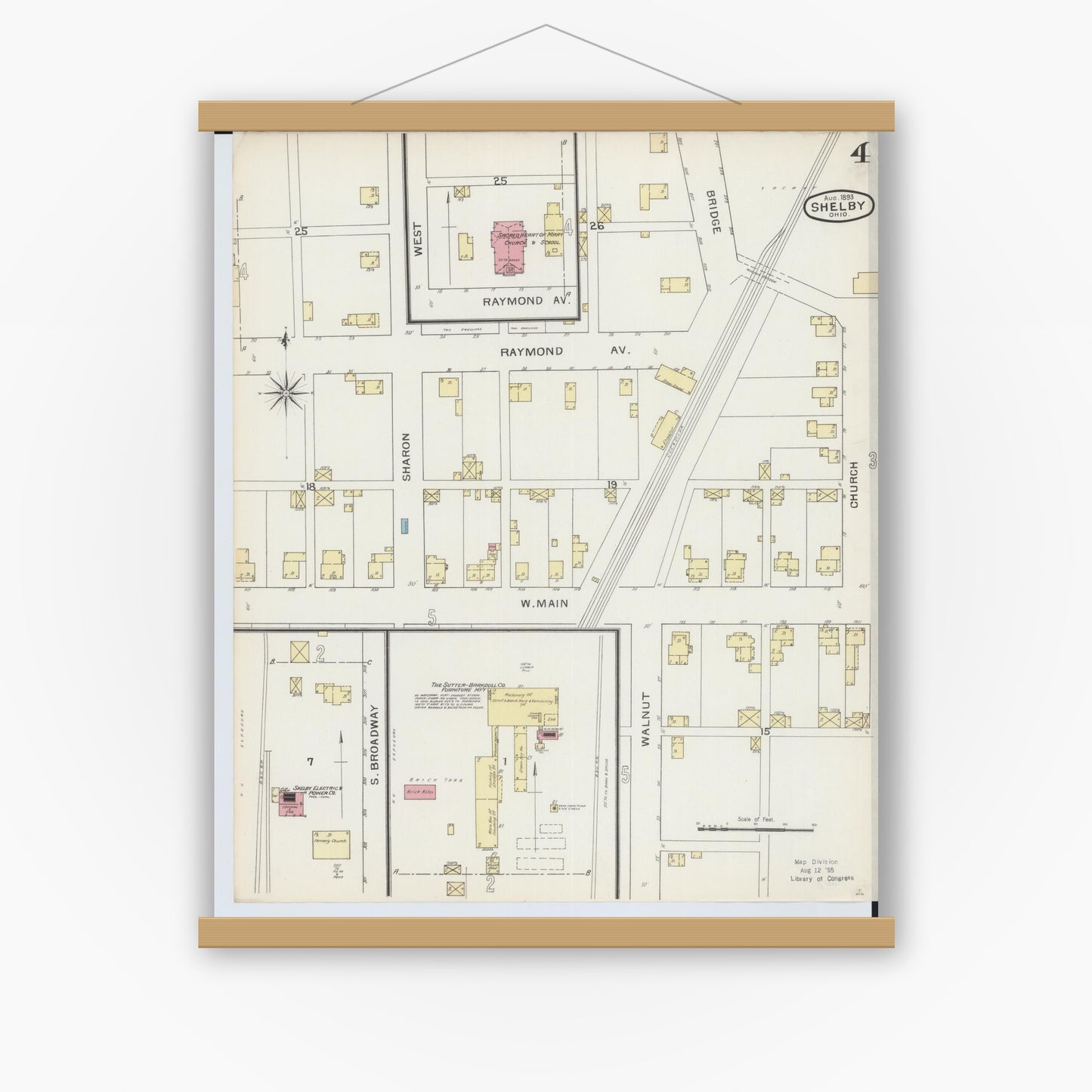 Old map wall art mockup — magnetic wood frame on white wall — Sanborn Fire Insurance Map from Shelby, Richland County, Ohio (1893), Sheet #0004