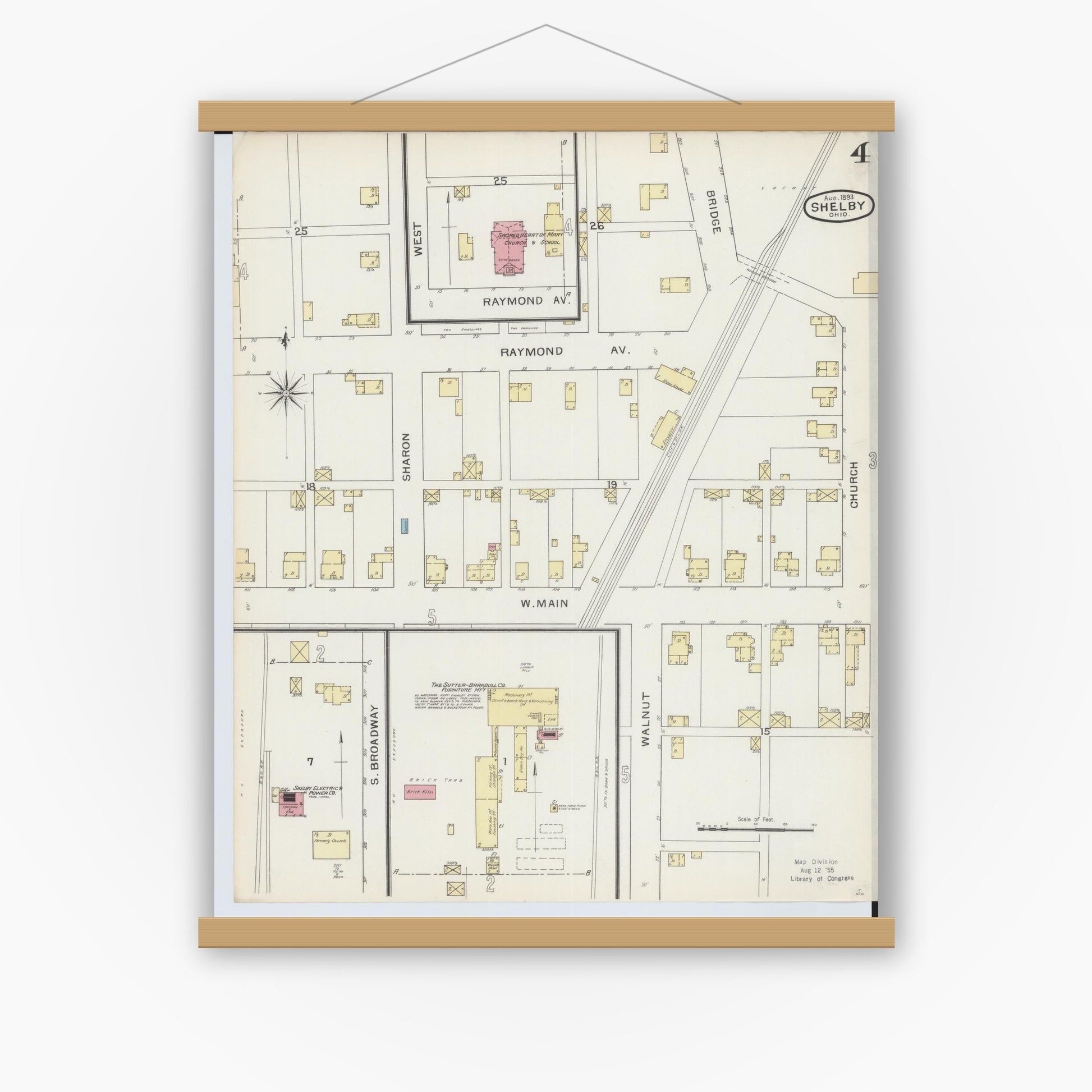 Old map wall art mockup — magnetic wood frame on white wall — Sanborn Fire Insurance Map from Shelby, Richland County, Ohio (1893), Sheet #0004
