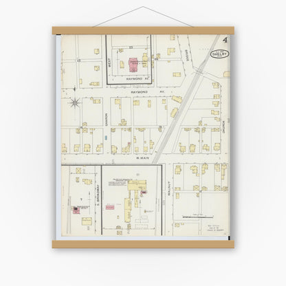 Old map wall art mockup — magnetic wood frame on white wall — Sanborn Fire Insurance Map from Shelby, Richland County, Ohio (1893), Sheet #0004