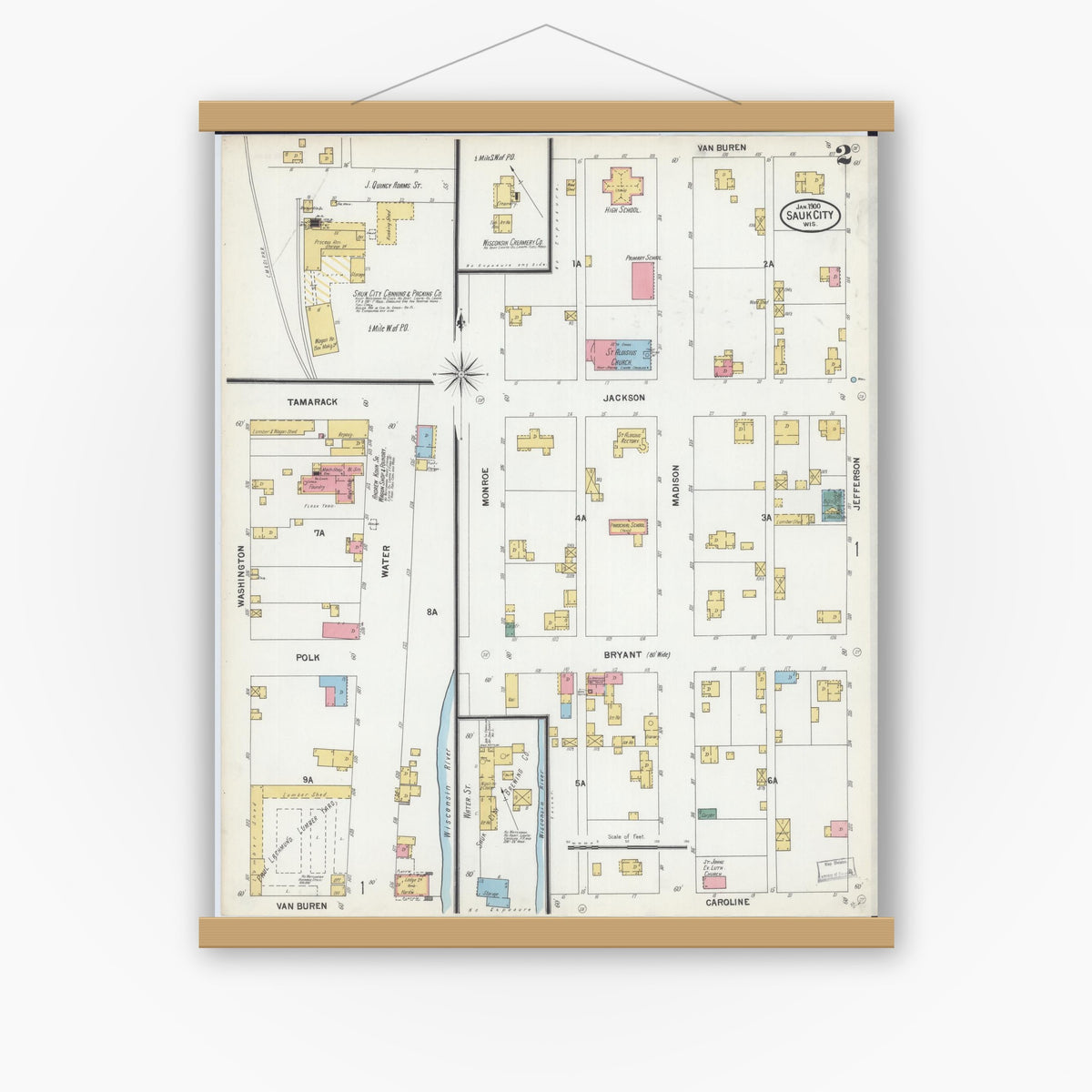 Old map wall art mockup — magnetic wood frame on white wall — Sanborn Fire Insurance Map from Sauk City, Sauk County, Wisconsin (1900), Sheet #0002
