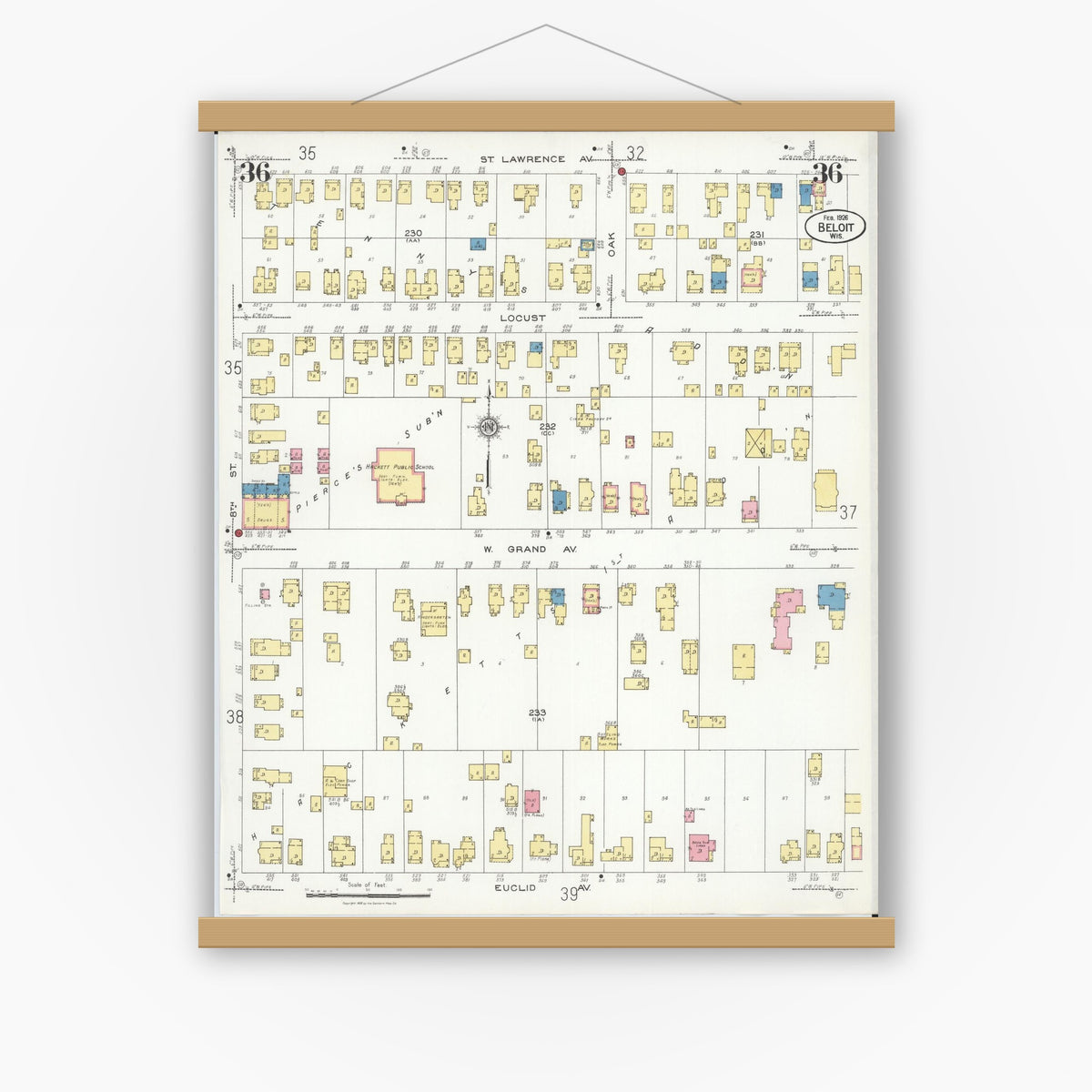 Old map wall art mockup — magnetic wood frame on white wall — Sanborn Fire Insurance Map from Beloit, Rock County, Wisconsin (1926), Sheet #0036
