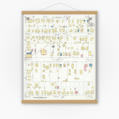 Old map wall art mockup — magnetic wood frame on white wall — Sanborn Fire Insurance Map from Beloit, Rock County, Wisconsin (1926), Sheet #0036