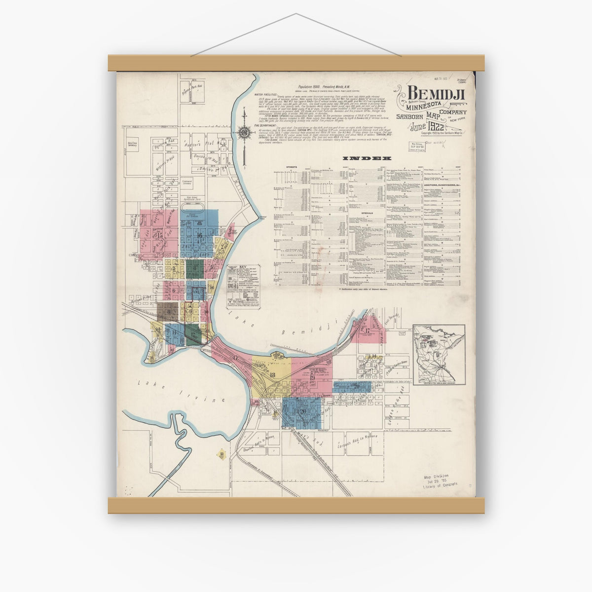 Old map wall art mockup — magnetic wood frame on white wall — Sanborn Fire Insurance Map from Bemidji, Beltrami County, Minnesota (1922), Sheet #0001