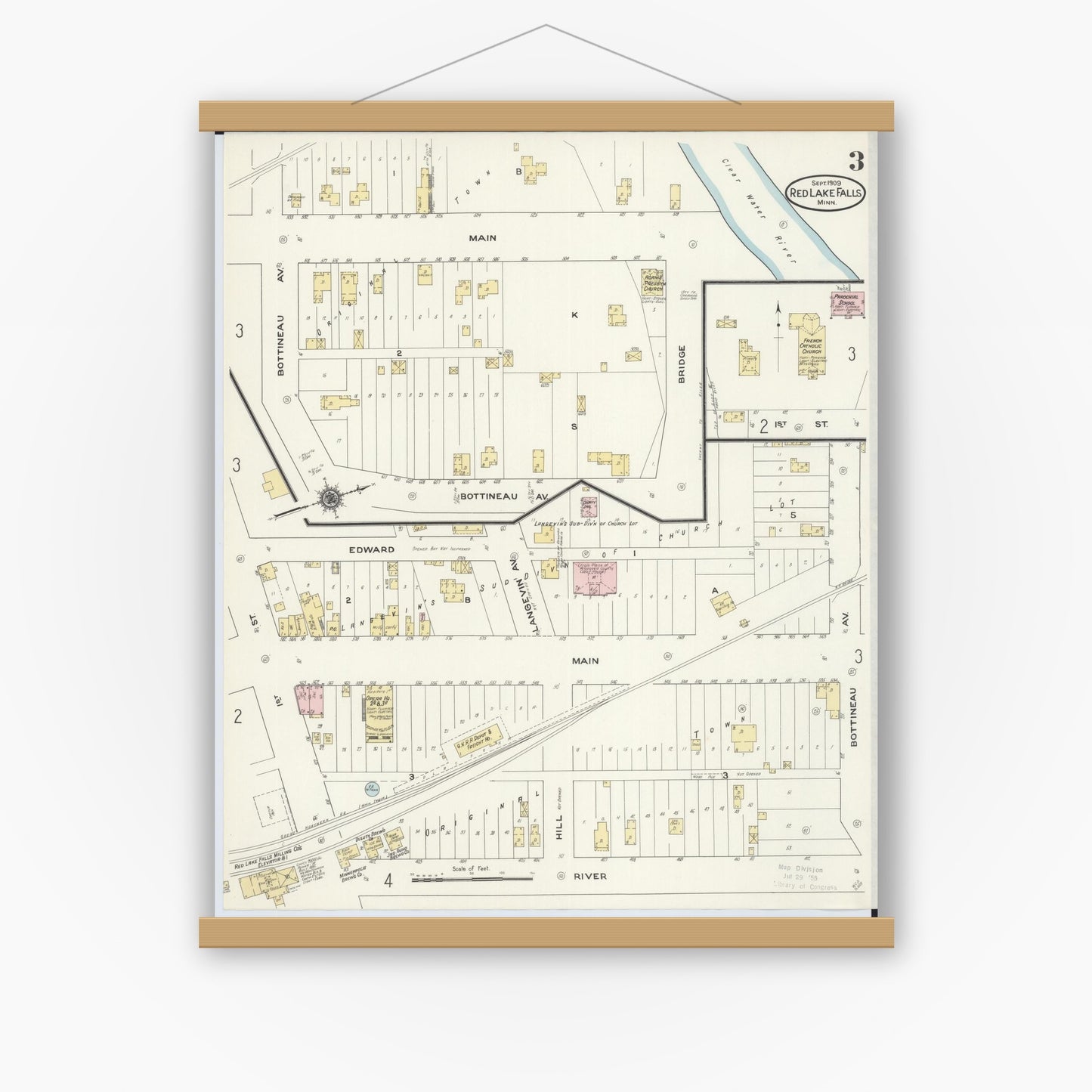Old map wall art mockup — magnetic wood frame on white wall — Sanborn Fire Insurance Map from Red Lake Falls, Red Lake County, Minnesota (1909), Sheet #0003