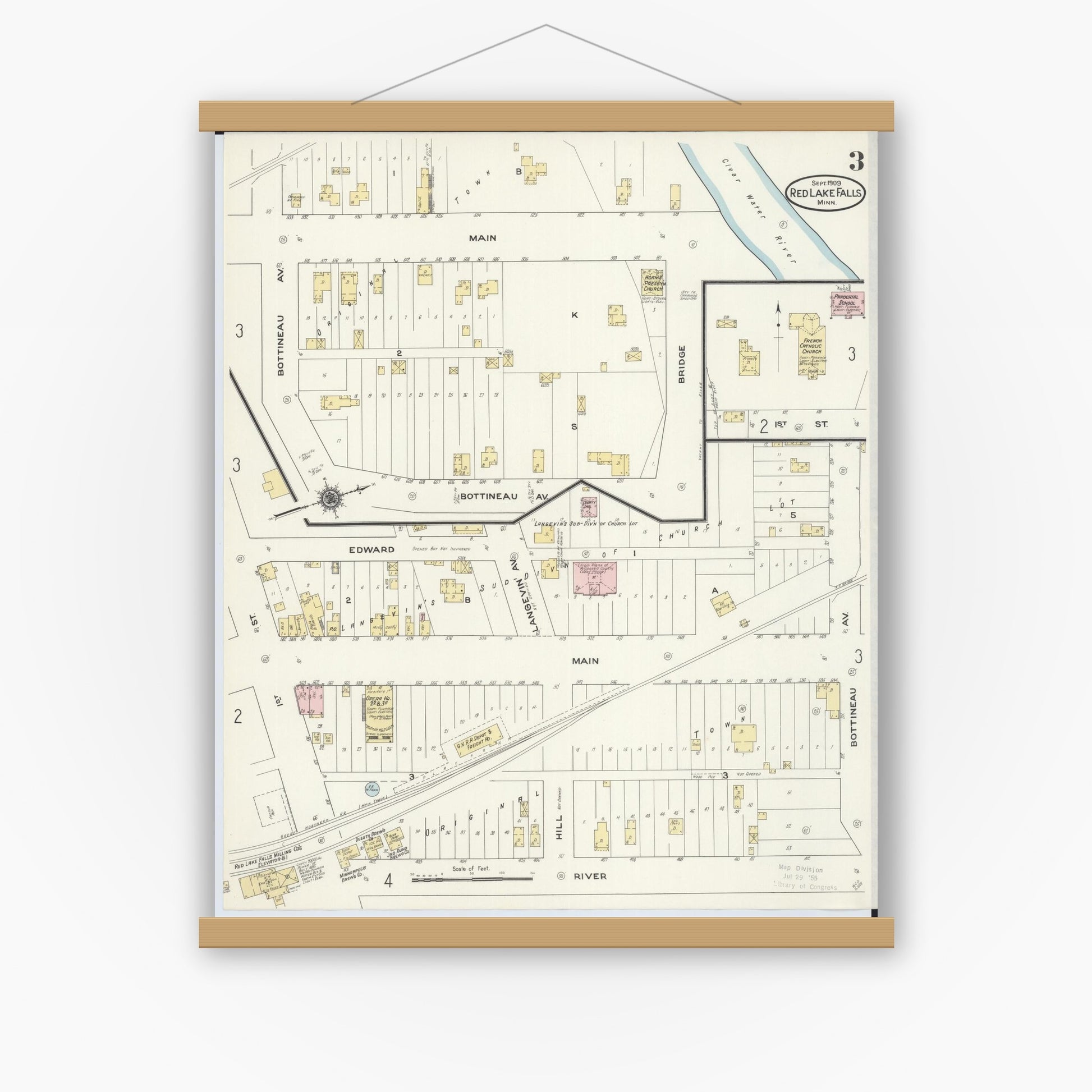 Old map wall art mockup — magnetic wood frame on white wall — Sanborn Fire Insurance Map from Red Lake Falls, Red Lake County, Minnesota (1909), Sheet #0003