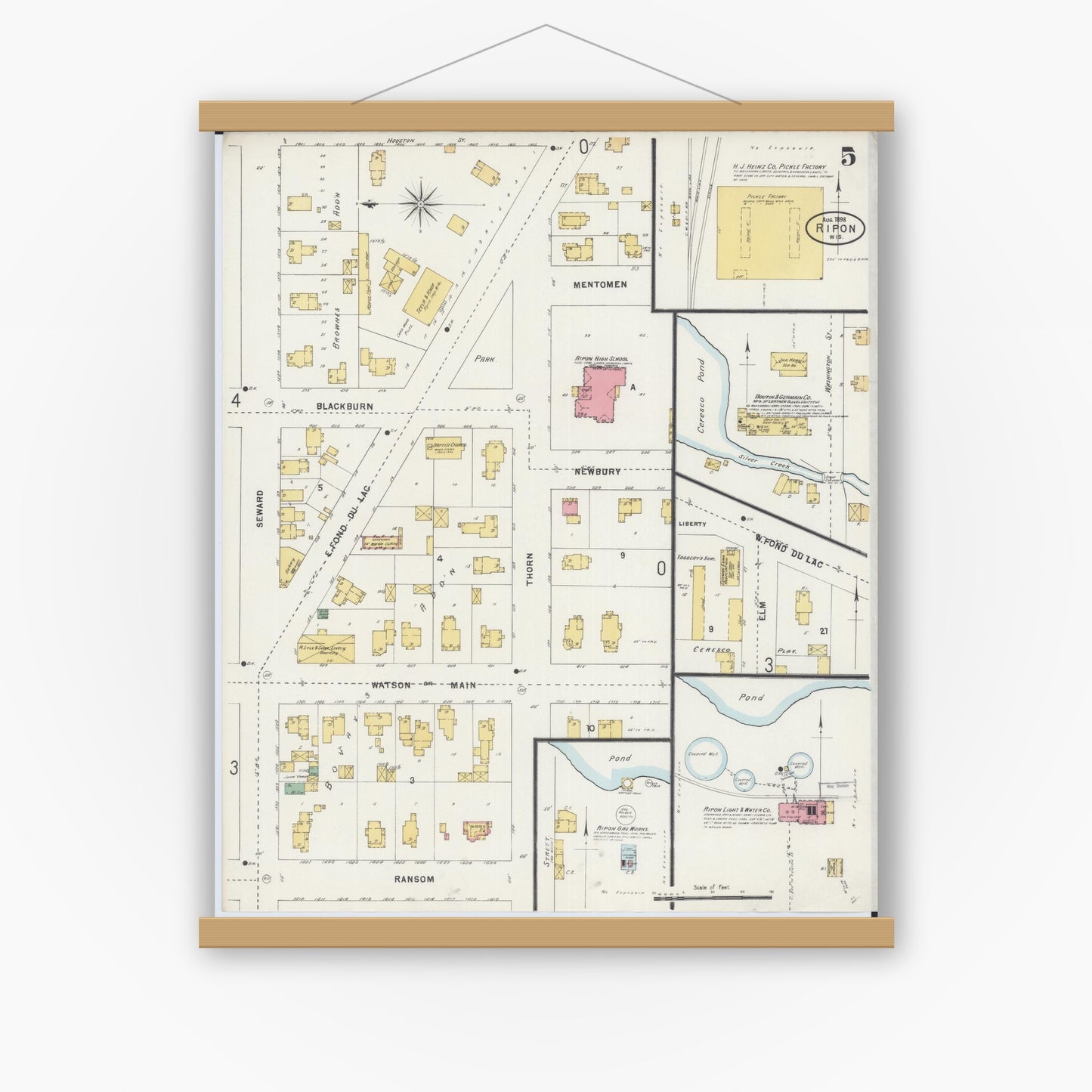 Old map wall art mockup — magnetic wood frame on white wall — Sanborn Fire Insurance Map from Ripon, Fond du Lac County, Wisconsin (1898), Sheet #0005
