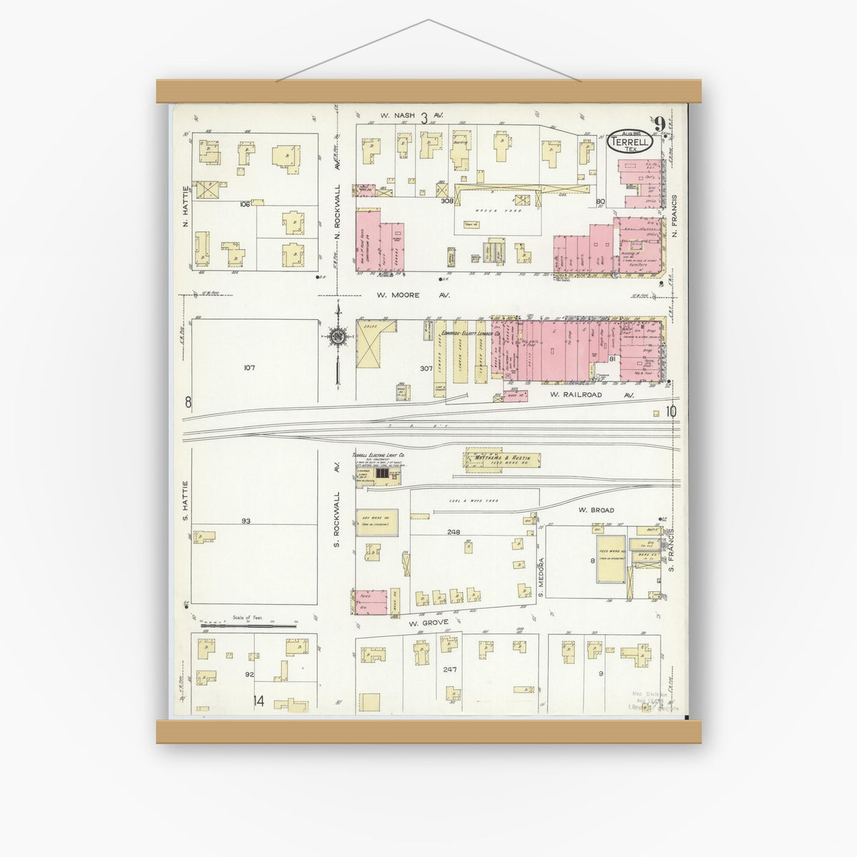 Old map wall art mockup — magnetic wood frame on white wall — Sanborn Fire Insurance Map from Terrell, Kaufman County, Texas (1914), Sheet #0009