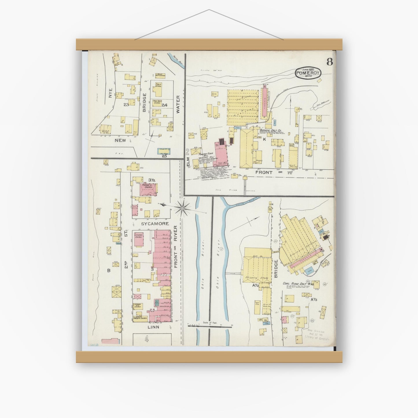 Old map wall art mockup — magnetic wood frame on white wall — Sanborn Fire Insurance Map from Pomeroy, Meigs County, Ohio (1893), Sheet #0008