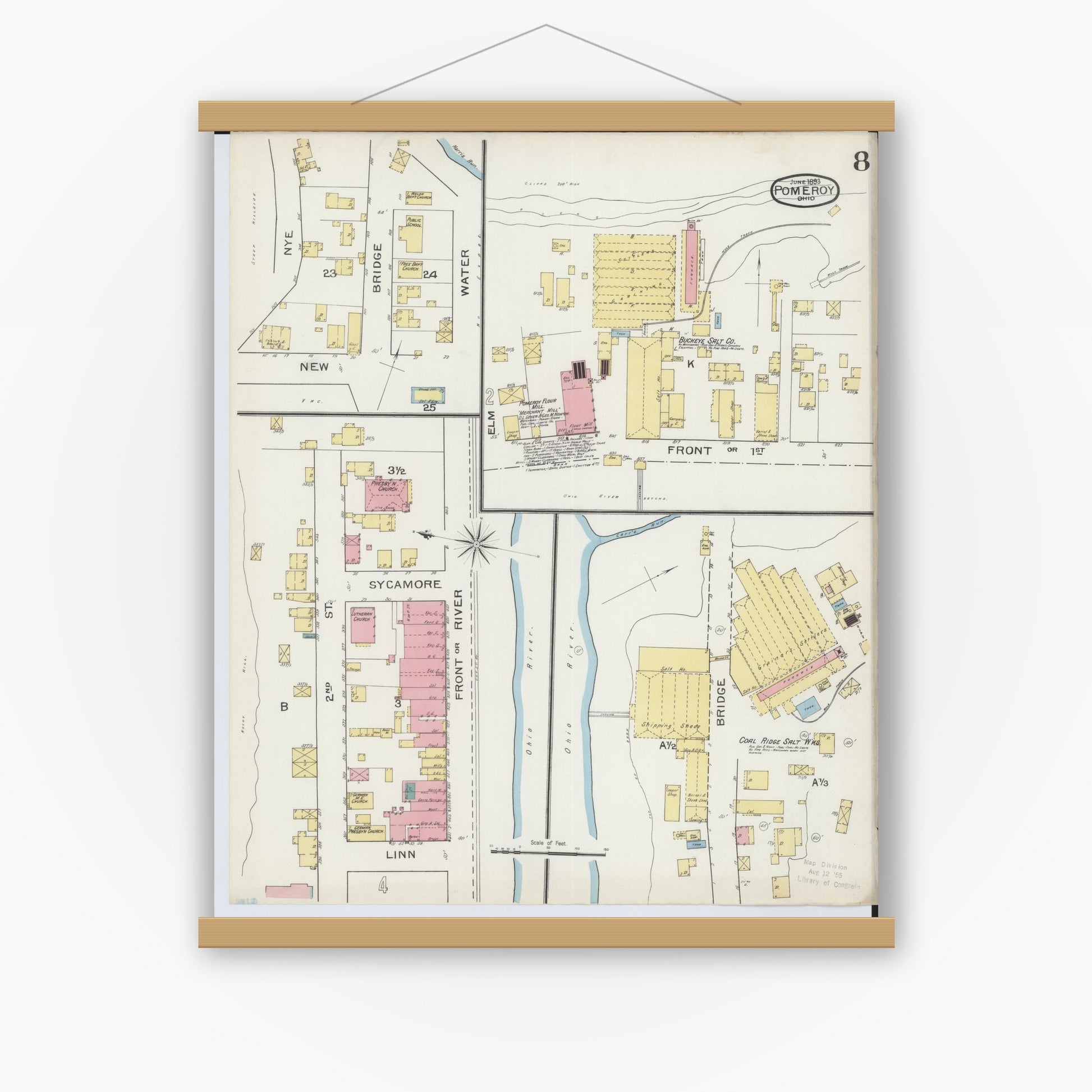 Old map wall art mockup — magnetic wood frame on white wall — Sanborn Fire Insurance Map from Pomeroy, Meigs County, Ohio (1893), Sheet #0008