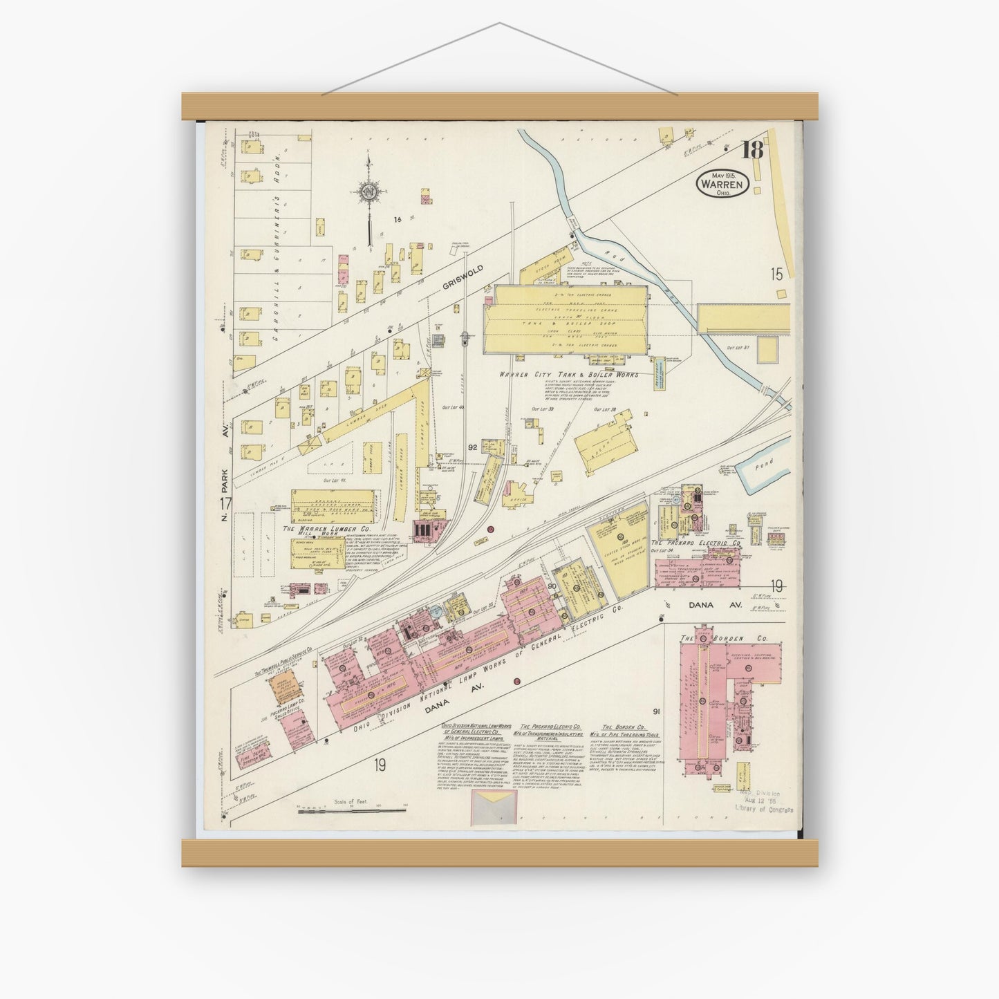 Old map wall art mockup — magnetic wood frame on white wall — Sanborn Fire Insurance Map from Warren, Trumbull County, Ohio (1915), Sheet #0018