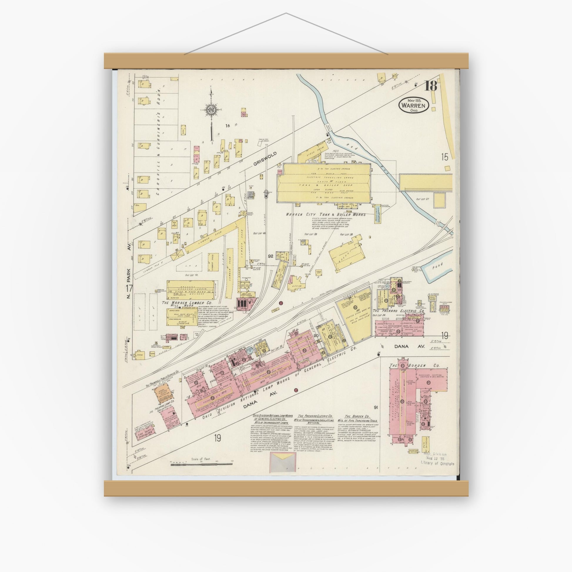 Old map wall art mockup — magnetic wood frame on white wall — Sanborn Fire Insurance Map from Warren, Trumbull County, Ohio (1915), Sheet #0018