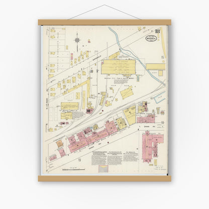 Old map wall art mockup — magnetic wood frame on white wall — Sanborn Fire Insurance Map from Warren, Trumbull County, Ohio (1915), Sheet #0018