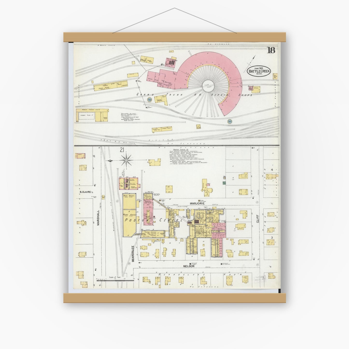 Old map wall art mockup — magnetic wood frame on white wall — Sanborn Fire Insurance Map from Battle Creek, Calhoun County, Michigan (1902), Sheet #0018