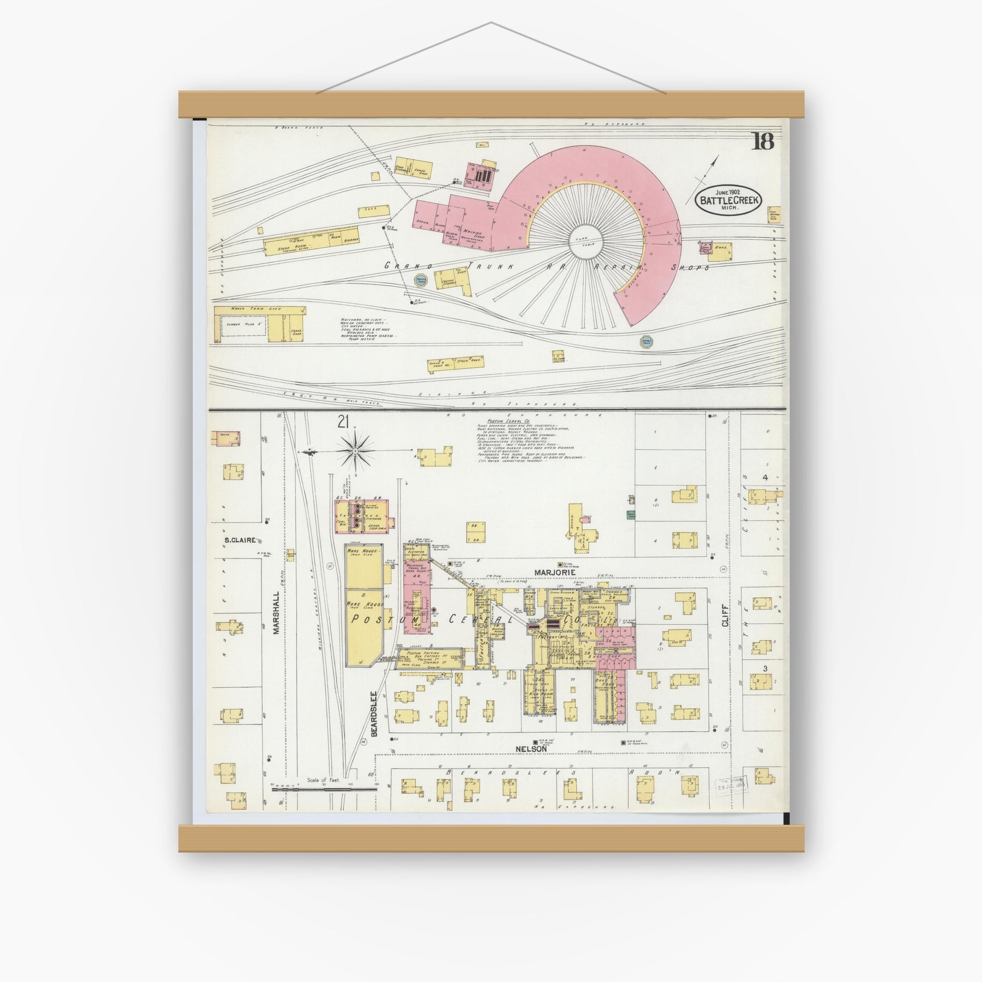 Old map wall art mockup — magnetic wood frame on white wall — Sanborn Fire Insurance Map from Battle Creek, Calhoun County, Michigan (1902), Sheet #0018