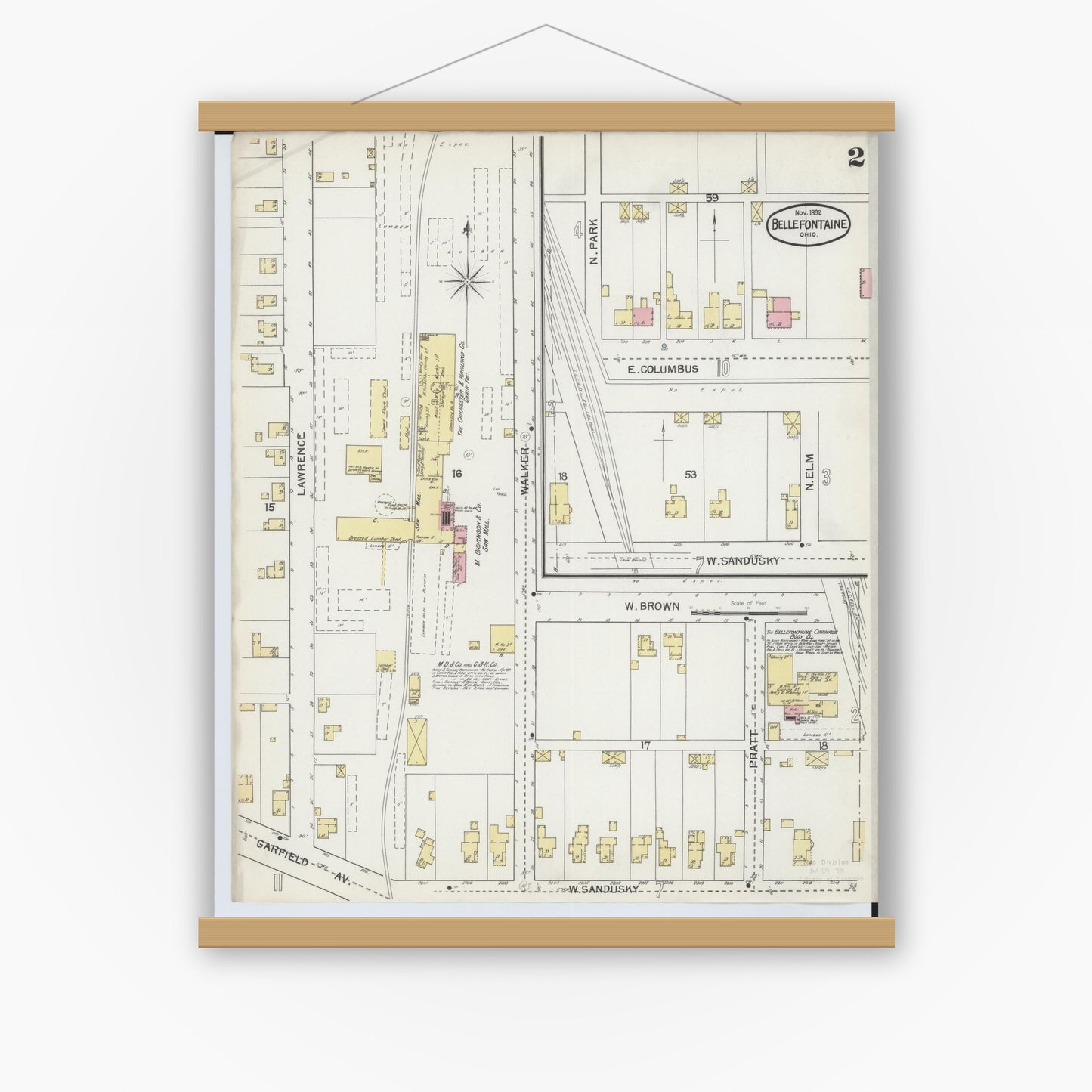 Old map wall art mockup — magnetic wood frame on white wall — Sanborn Fire Insurance Map from Bellefontaine, Logan County, Ohio (1892), Sheet #0002
