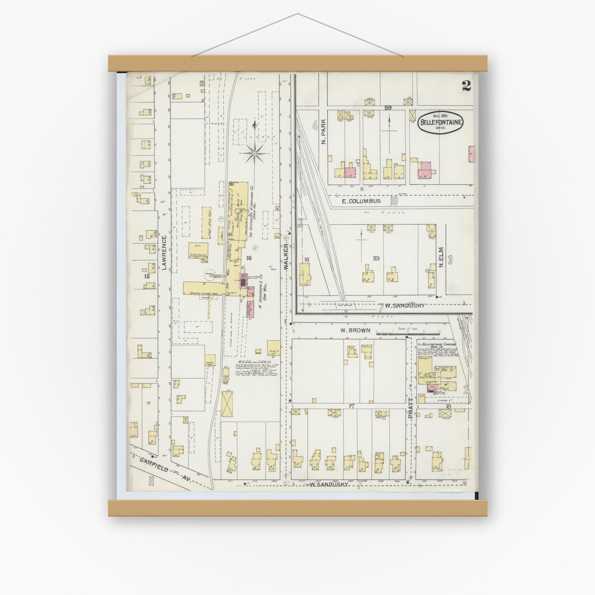 Old map wall art mockup — magnetic wood frame on white wall — Sanborn Fire Insurance Map from Bellefontaine, Logan County, Ohio (1892), Sheet #0002