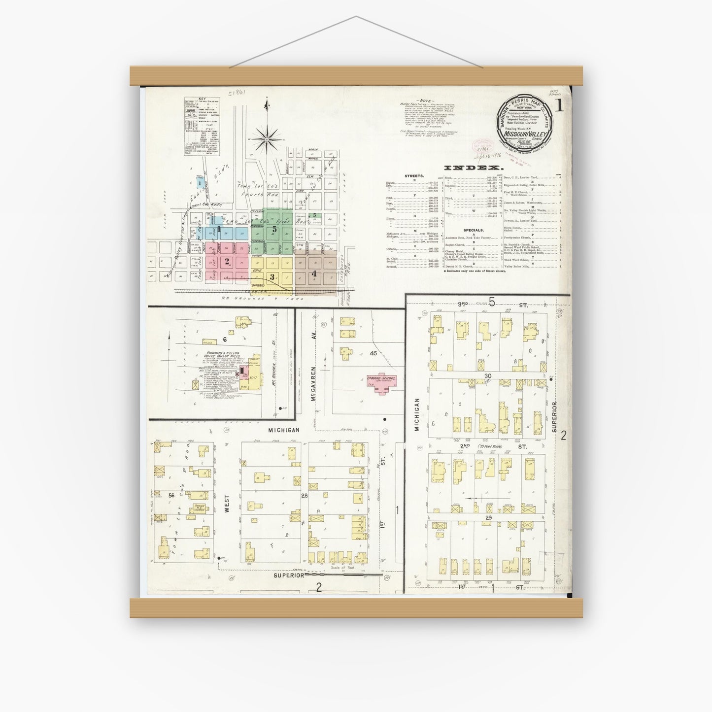 Old map wall art mockup — magnetic wood frame on white wall — Sanborn Fire Insurance Map from Missouri Valley, Harrison County, Iowa (1896) - Complete Map Set