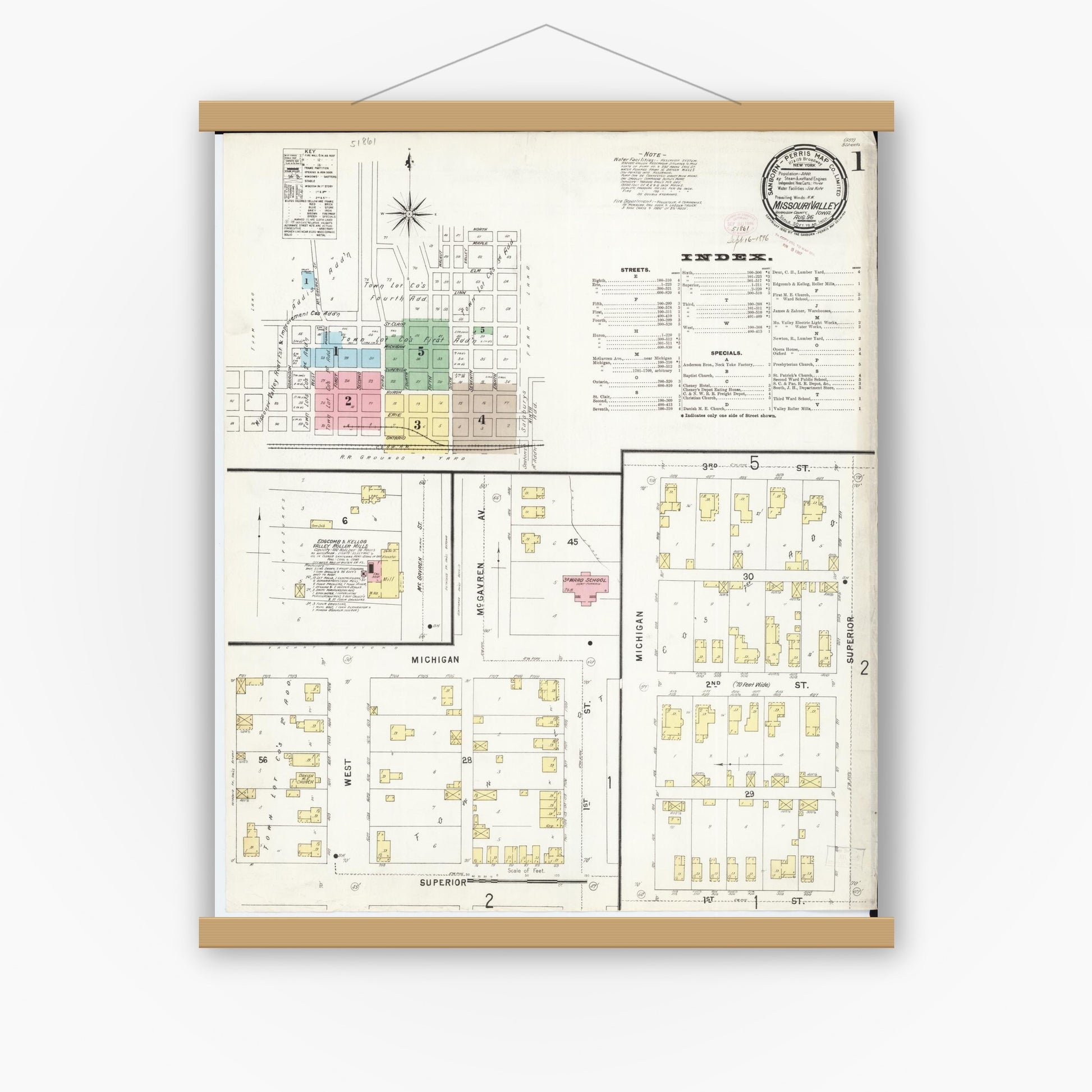 Old map wall art mockup — magnetic wood frame on white wall — Sanborn Fire Insurance Map from Missouri Valley, Harrison County, Iowa (1896) - Complete Map Set