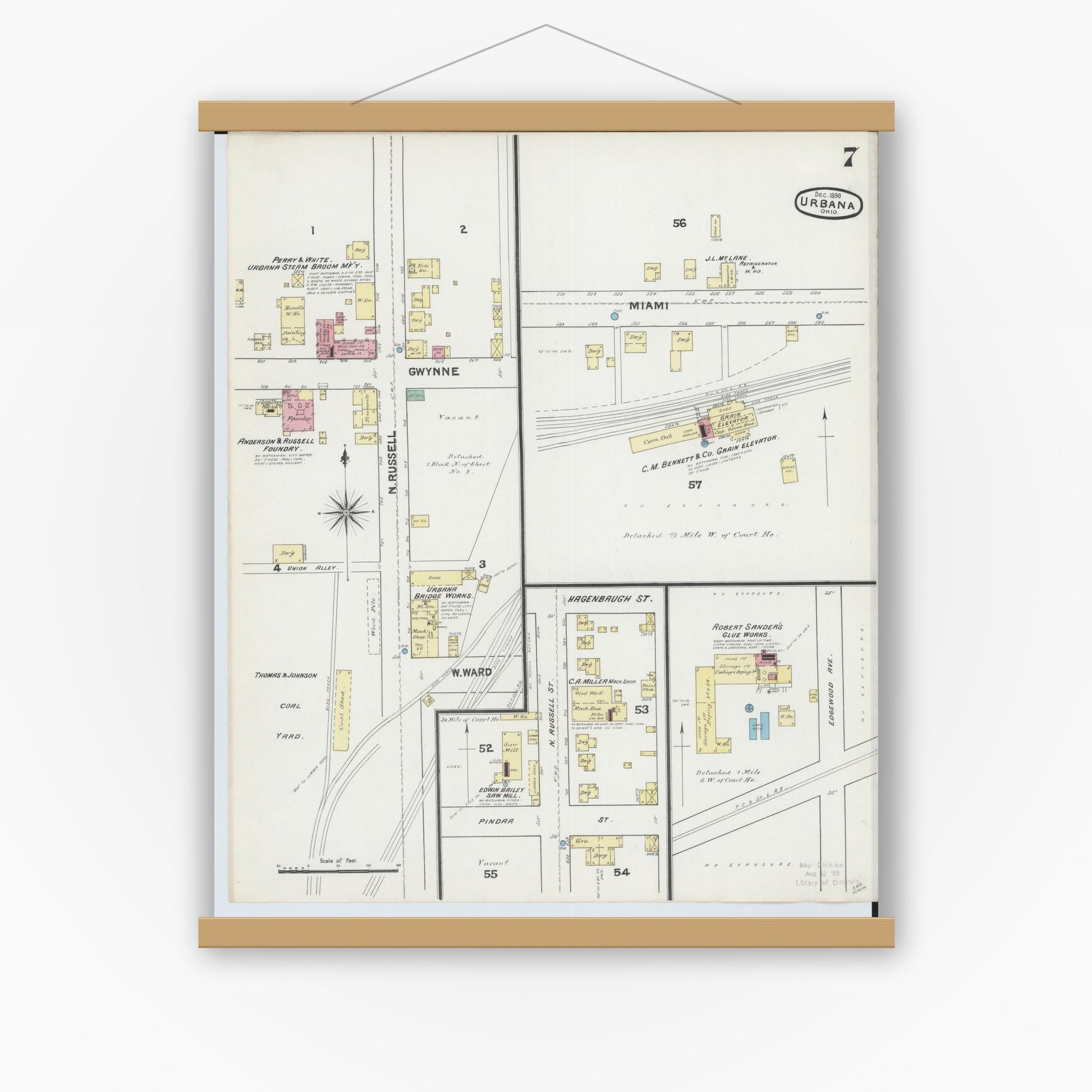 Old map wall art mockup — magnetic wood frame on white wall — Sanborn Fire Insurance Map from Urbana, Champaign County, Ohio (1890), Sheet #0007