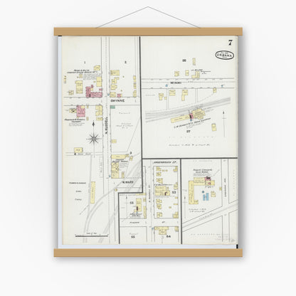 Old map wall art mockup — magnetic wood frame on white wall — Sanborn Fire Insurance Map from Urbana, Champaign County, Ohio (1890), Sheet #0007