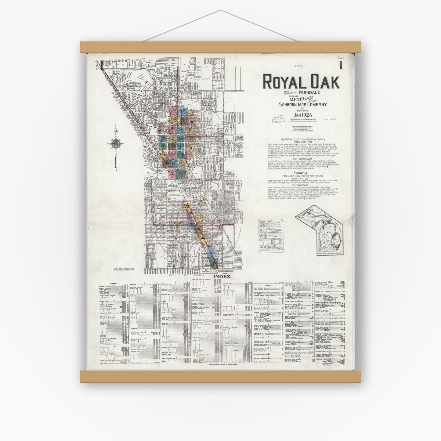 Old map wall art mockup — magnetic wood frame on white wall — Sanborn Fire Insurance Map from Royal Oak, Oakland County, Michigan (1926) - Complete Map Set