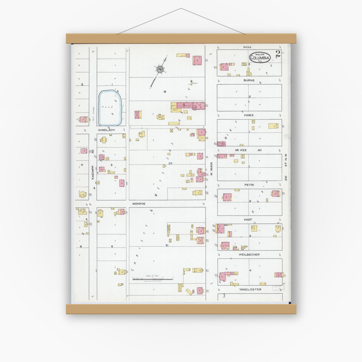 Old map wall art mockup — magnetic wood frame on white wall — Sanborn Fire Insurance Map from Columbia, Monroe County, Illinois (1919), Sheet #0002