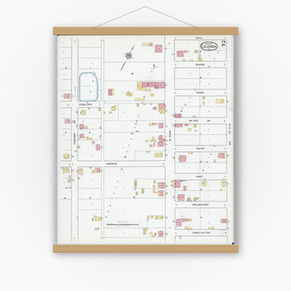 Old map wall art mockup — magnetic wood frame on white wall — Sanborn Fire Insurance Map from Columbia, Monroe County, Illinois (1919), Sheet #0002
